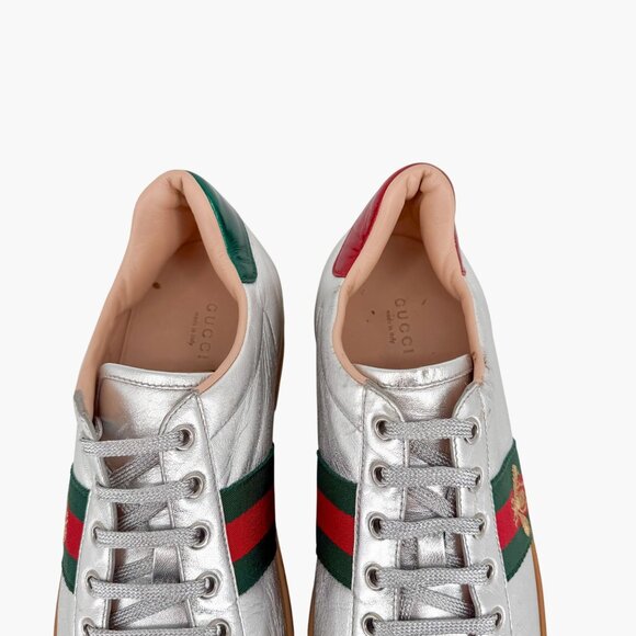 Gucci Ace Bee Silver Leather Platform Low Top Sneakers Shoes Size 41 US 11 Women - Picture 4 of 15
